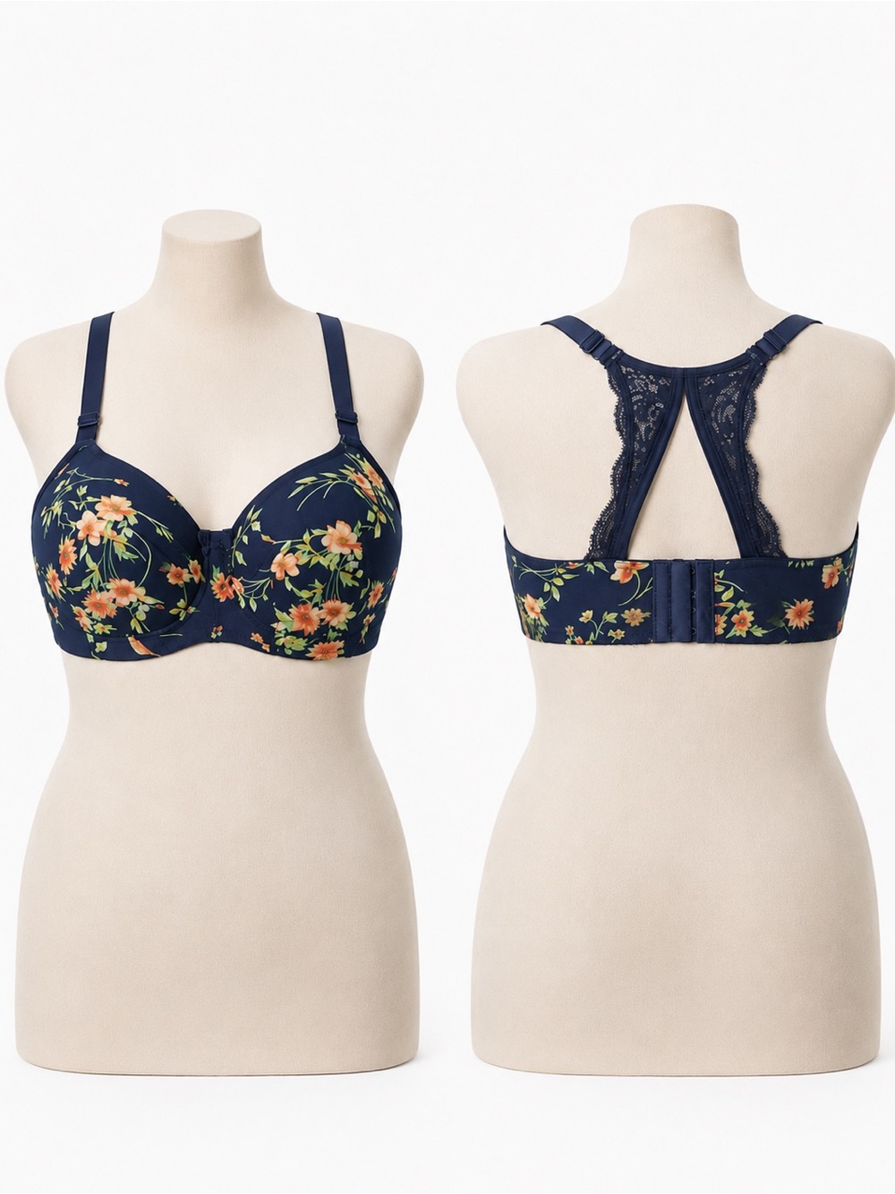 Cacique 38DDD Navy Floral Lace Racerback Bra Plus Size Underwire Comfort Lift